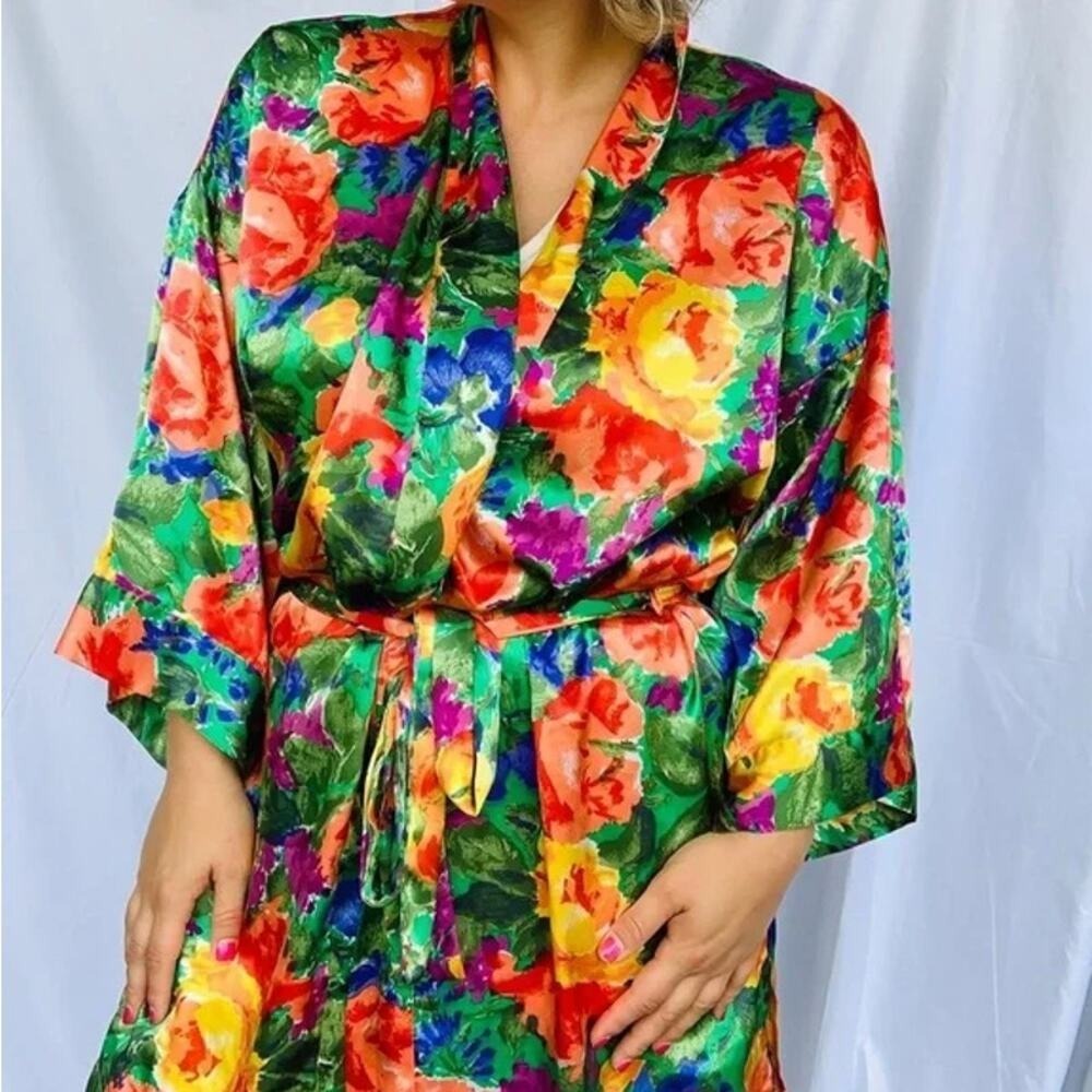 Vintage Victoria's Secret Gold Label Lingerie Satin 2-Pc Slip Robe Set Floral L